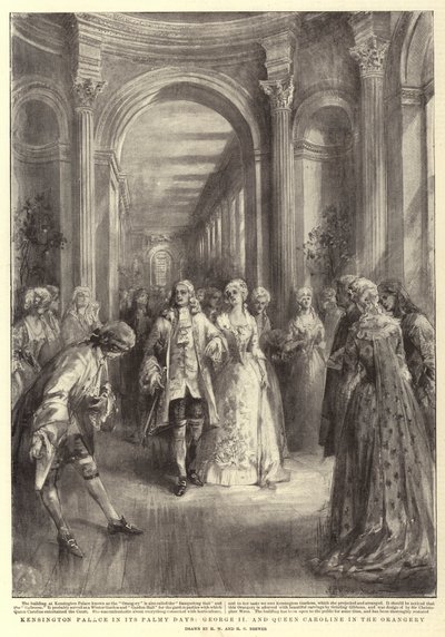 El Palacio de Kensington en sus días de esplendor, Jorge II y la Reina Carolina en el invernadero de Henry William Brewer